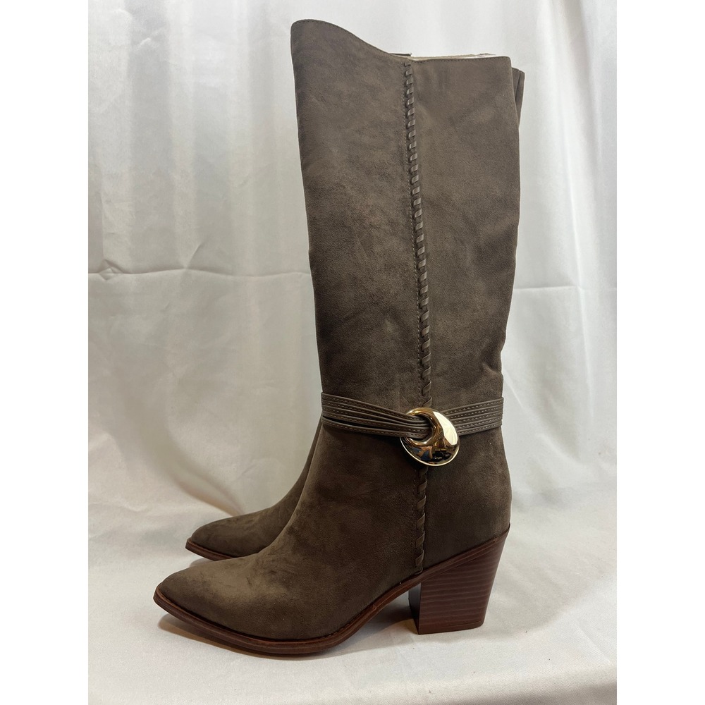 Universal Thread Rio Gray Tall‎ Boots Point Toe Block Heel Gold Hardware Size 10